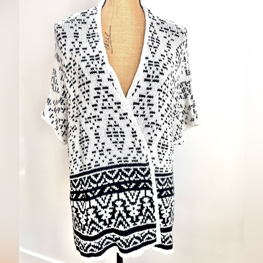 Extra Soft Longline Open Front Cardigan Duster, Striking Black & White Pattern